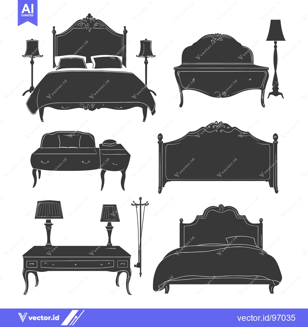 Premium Vector dari Silhouette Collection of Ornate Beds, Dressers, and Lamps