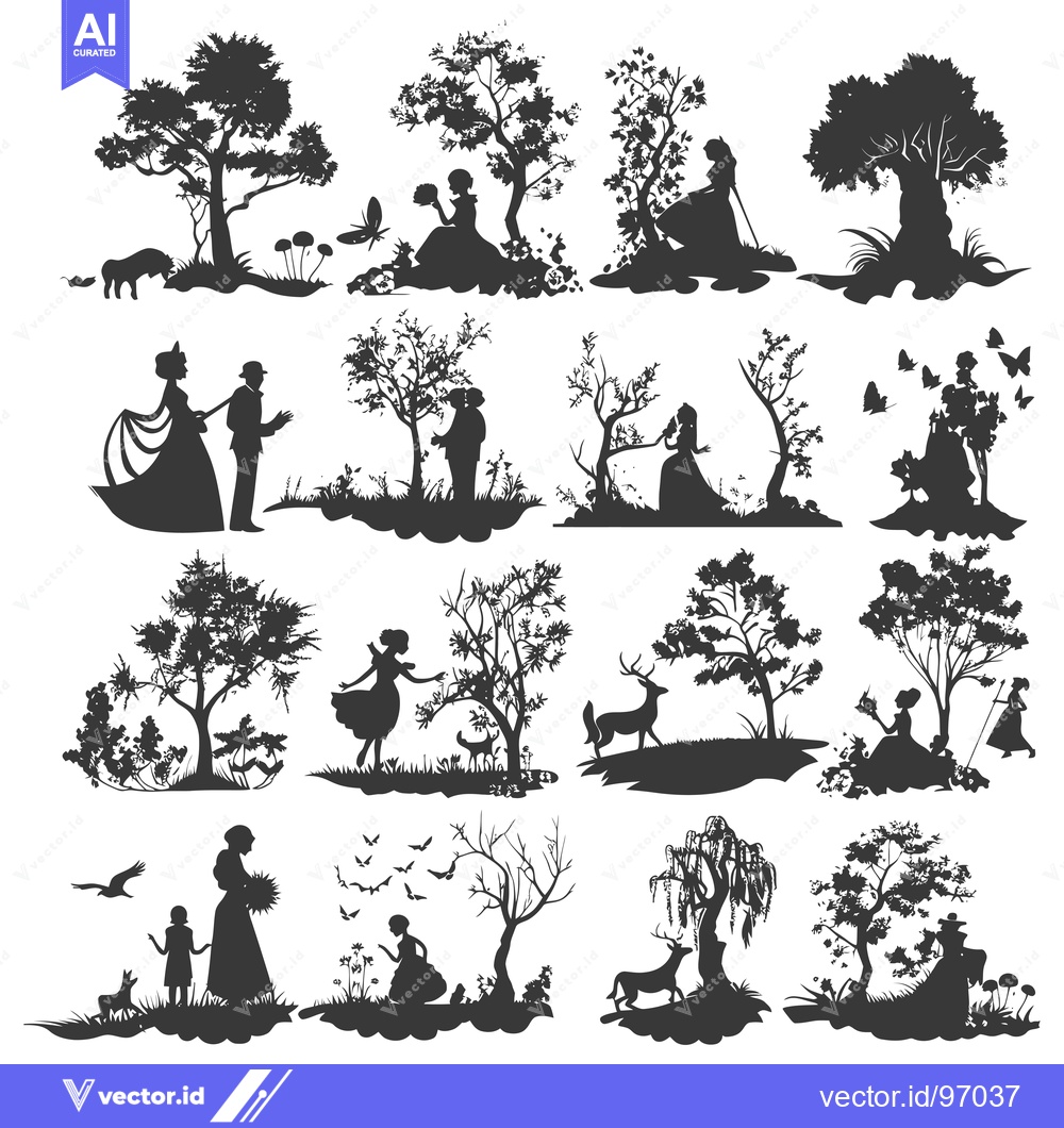 Premium Vector of Silhouette Collection of People, Trees, and Animals in a Forest Settin