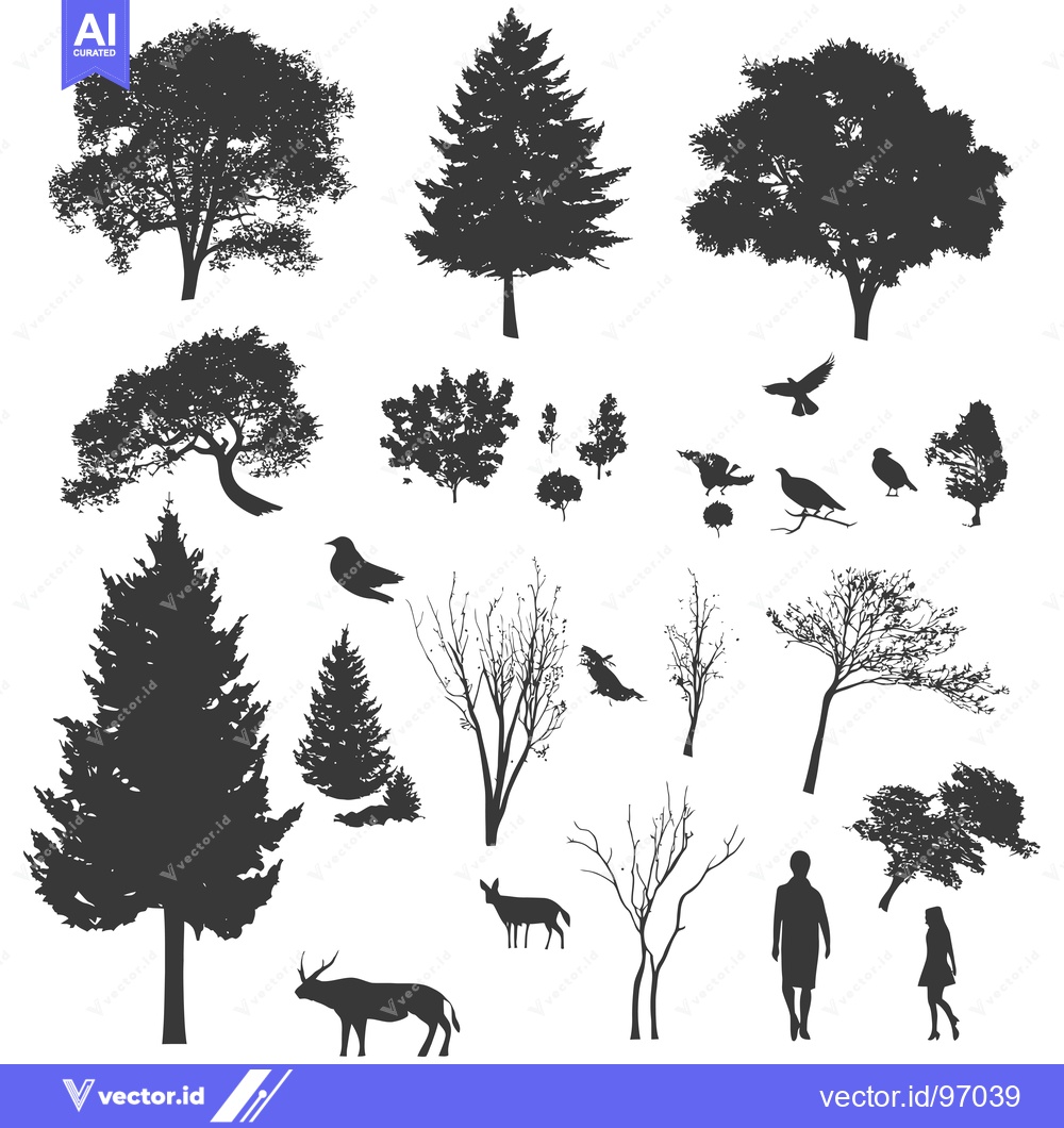 Premium Vector dari Silhouette Collection of Trees, Animals, and People