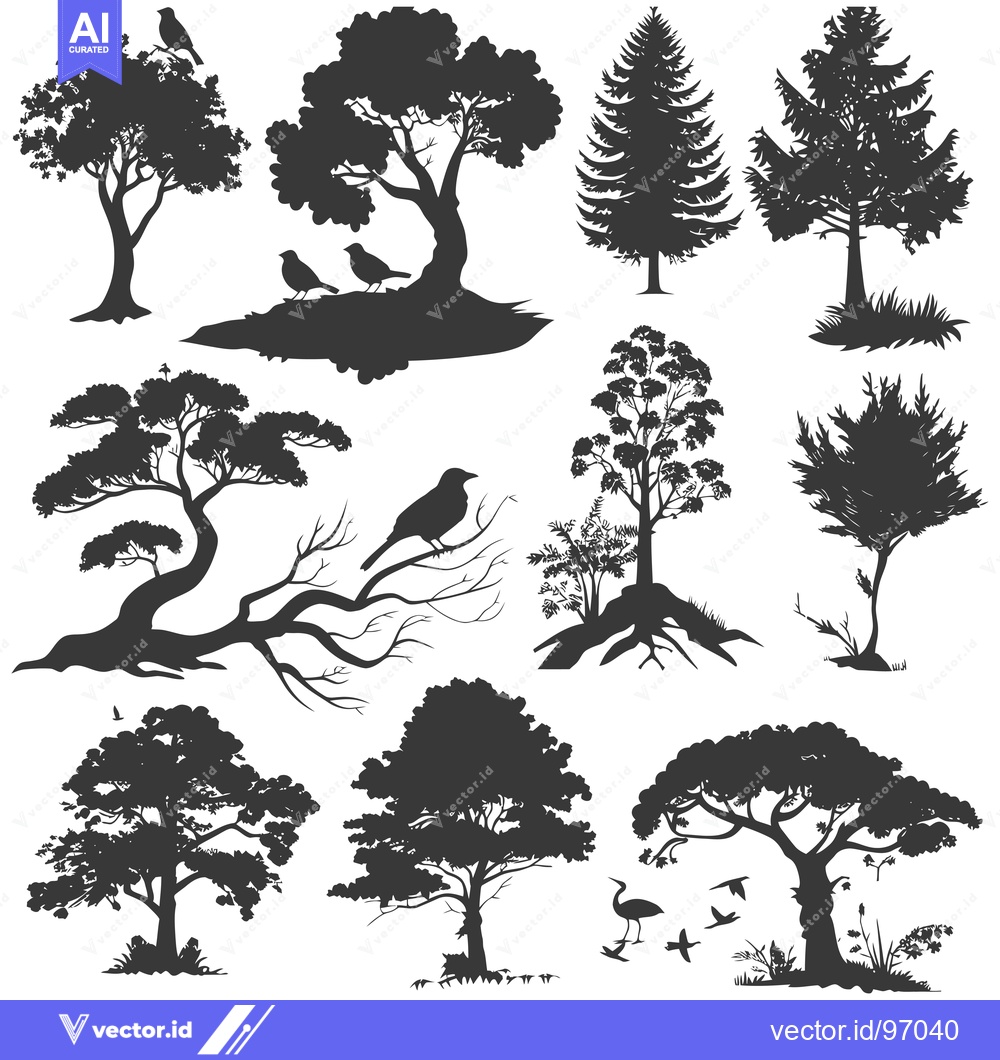 Premium Vector dari Silhouette Collection of Trees, Birds, and Foliage