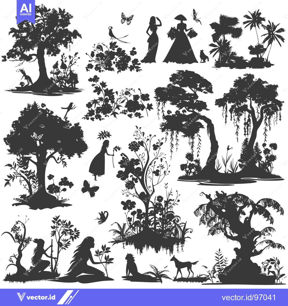 Premium Vector dari Silhouette Collection of Trees, Flowers, Birds, and Animals