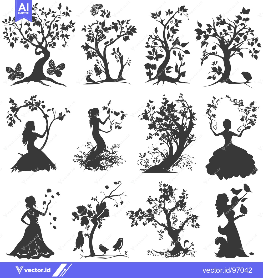 Premium Vector dari Silhouette Collection of Trees, Women, Birds and Butterflies