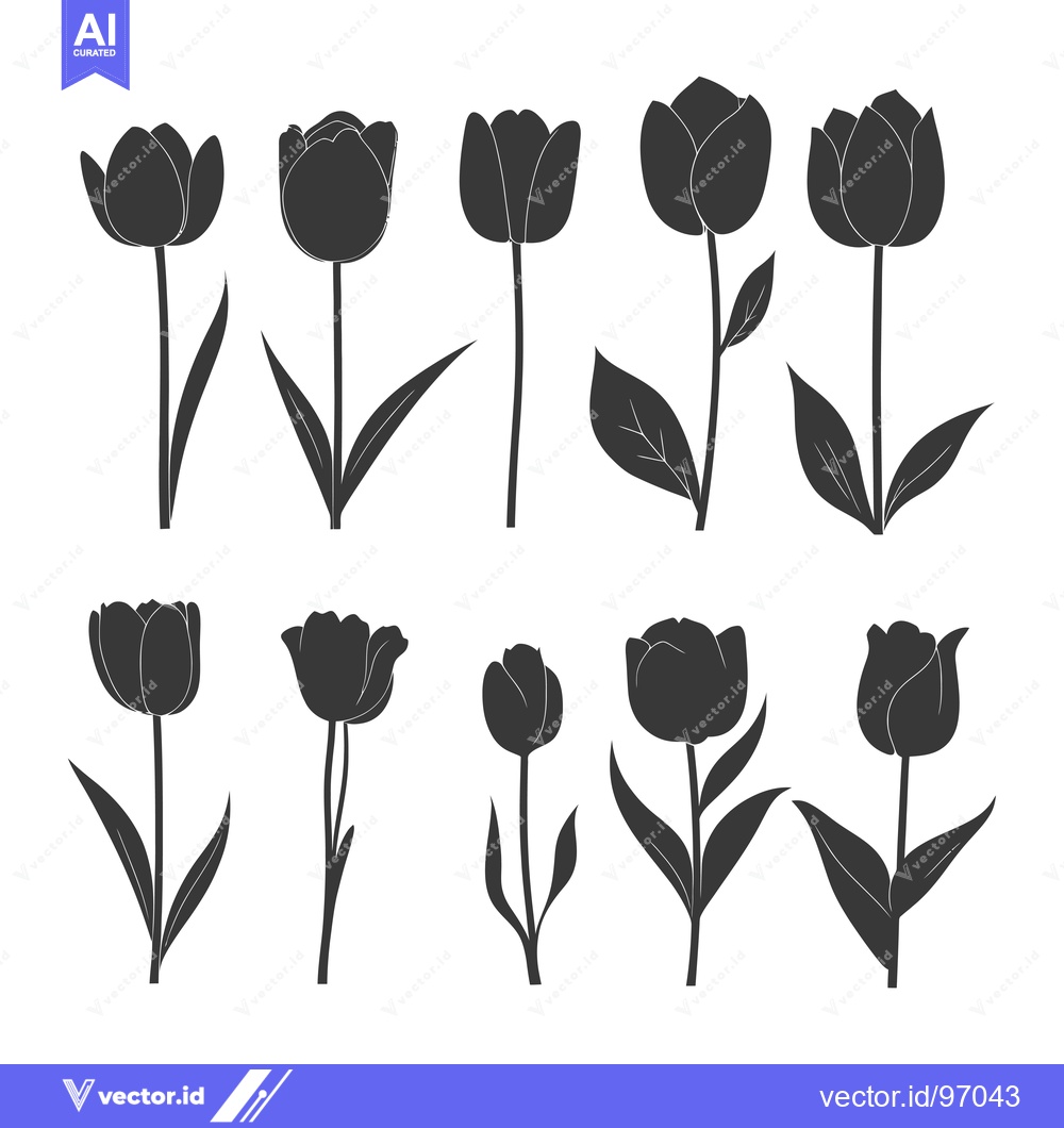 Premium Vector dari Silhouette Collection of  Tulip Flowers with Stems and Leaves