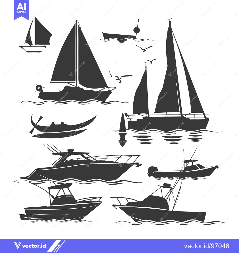 Premium Vector of Silhouette Collection of Various Boats Sailing on the Sea