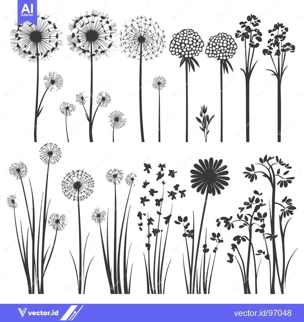 Premium Vector of Silhouette Collection of Various Wildflowers and Dandelions