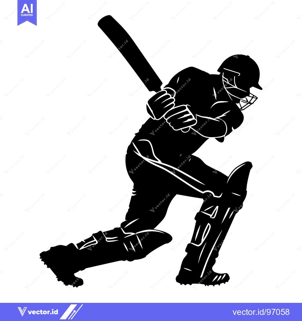 Premium Vector of Black and White Silhouette of a Cricket Player Batting