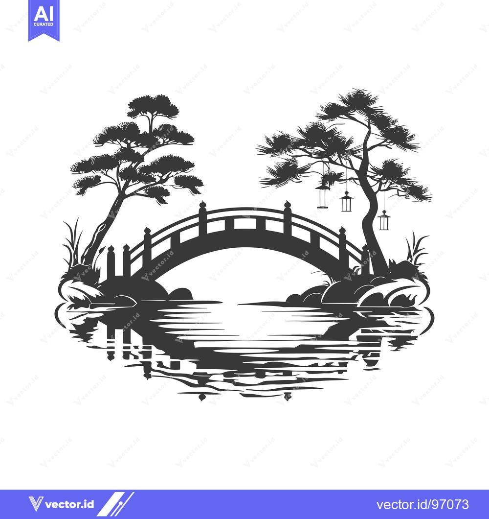 Premium Vector of Silhouetted Bridge and Trees Over a Reflective Pond