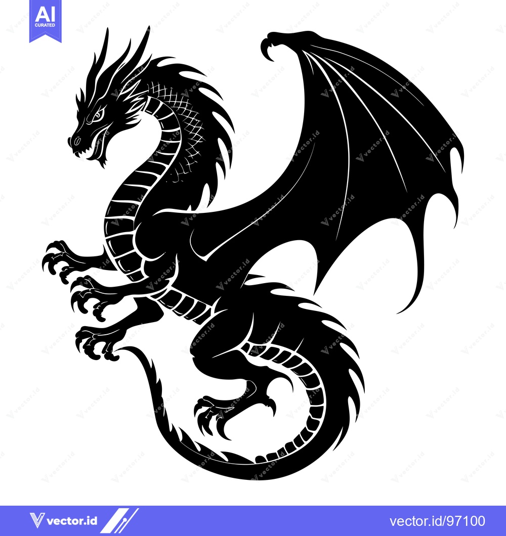 Premium Vector dari Black and White Silhouette of a Dragon with Spread Wings