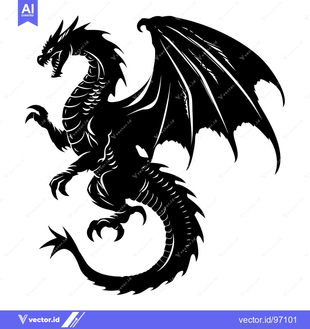 Premium Vector dari Black and White Silhouette of a Dragon with Wings Spread