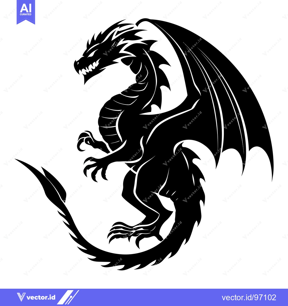 Premium Vector of Black and White Silhouette of a Dragon with Spread Wings