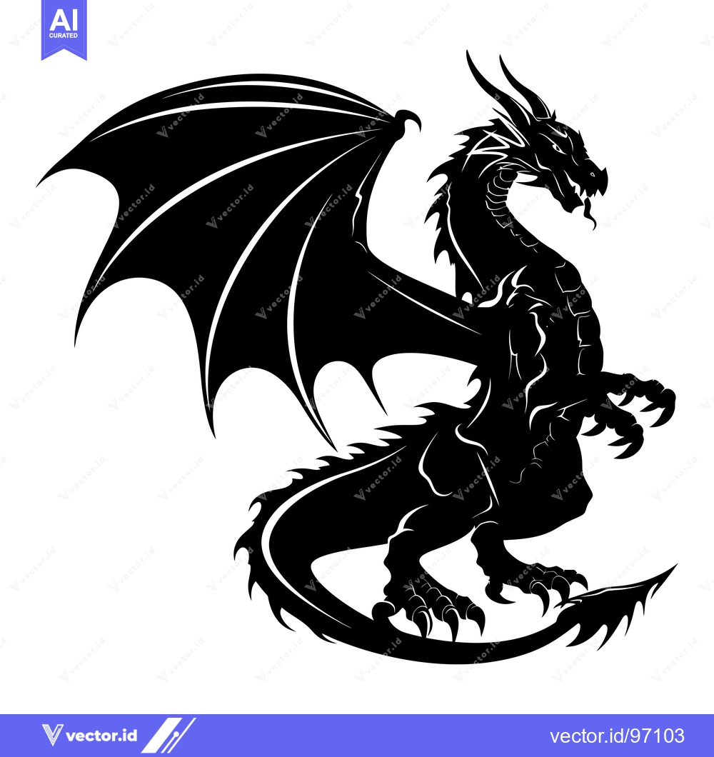 Premium Vector dari Black and White Silhouette of a Dragon with Spikes and Claws