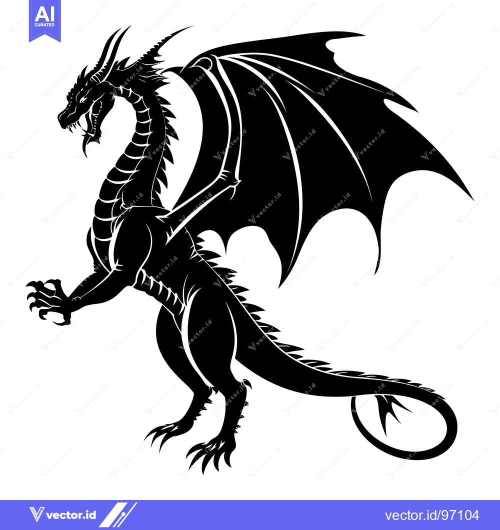 Premium Vector dari Black and White Silhouette of a Dragon with Wings Spread