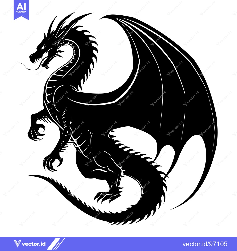 Premium Vector dari Black Silhouette of a Dragon with Spread Wings