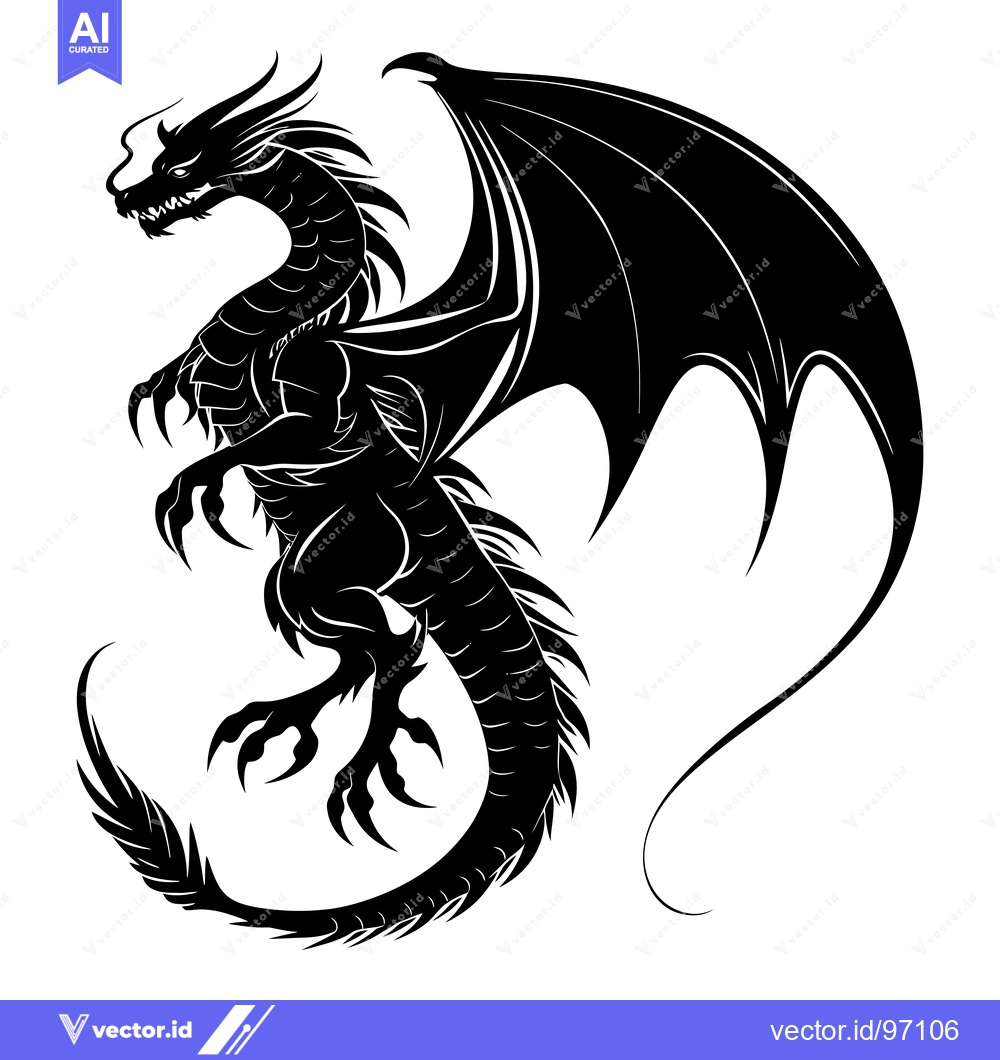 Premium Vector dari Black and white silhouette of a dragon with wings spread