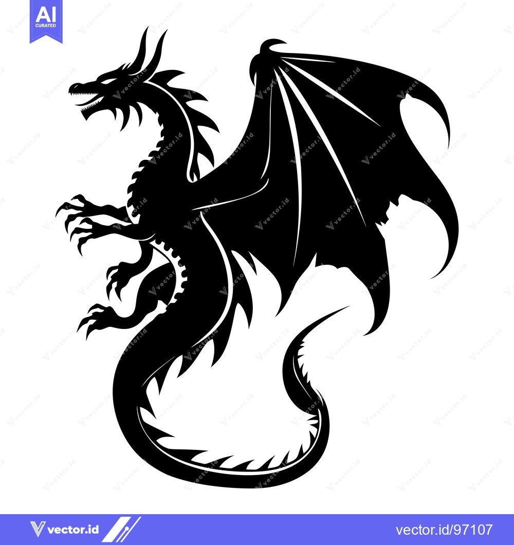 Premium Vector of Black and White Silhouette of a Dragon with Wings Spread