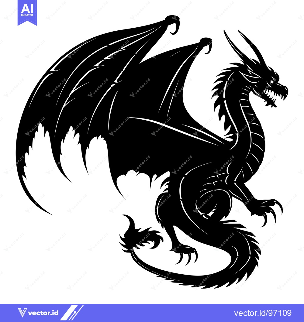 Premium Vector dari Black and white silhouette of a dragon with wings spread
