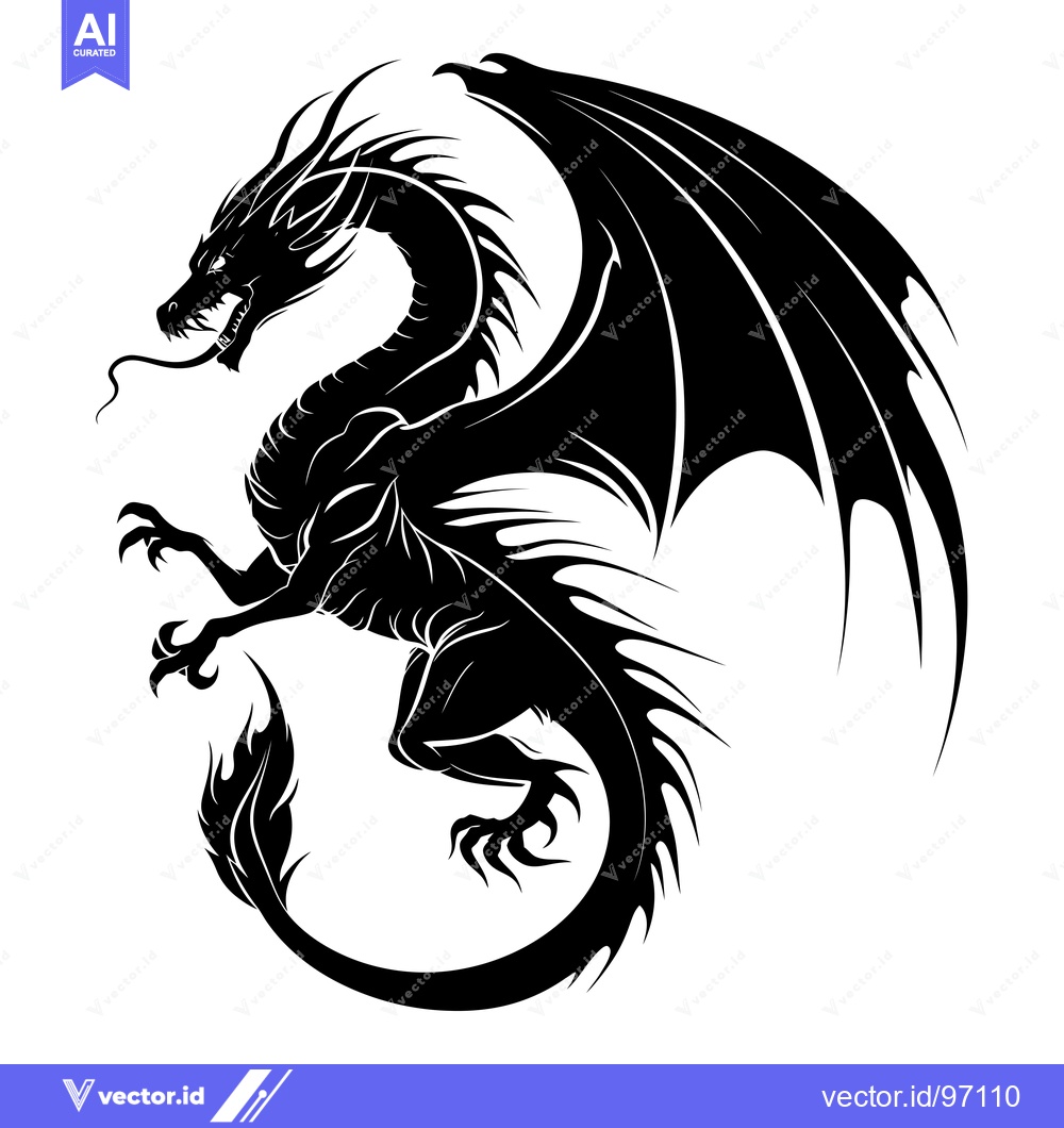 Premium Vector of Black and White Silhouette of a Dragon with Wings Spread