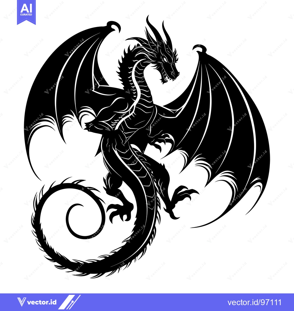 Premium Vector of Black Silhouette of a Dragon with Spread Wings