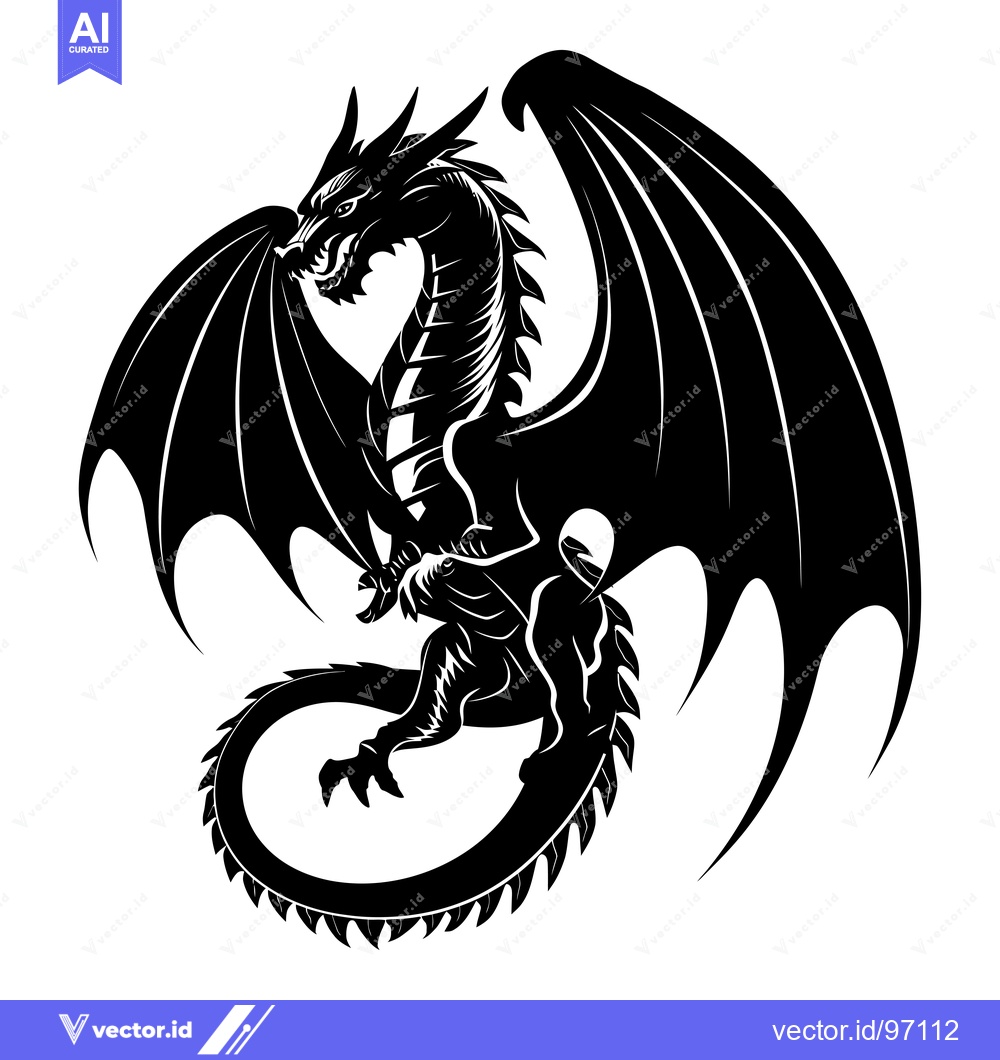 Premium Vector of Black and White Silhouette of a Dragon with Wings Spread