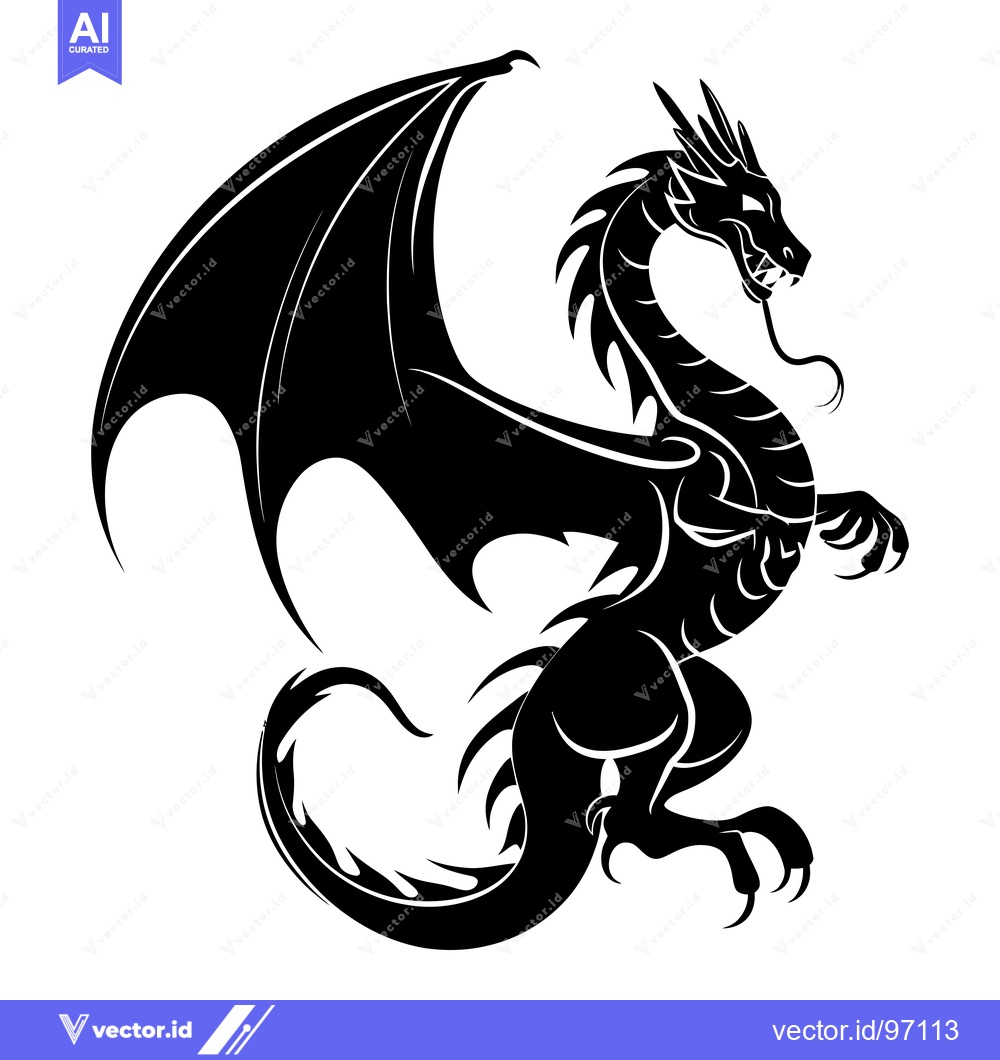 Premium Vector of Black and White Silhouette of a Dragon with Wings Outstretched