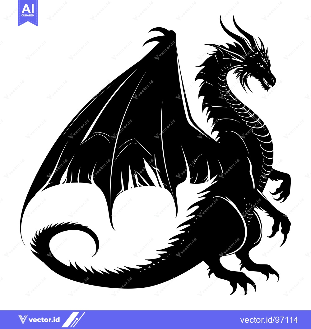 Premium Vector dari Black and White Silhouette of a Dragon with Spread Wings