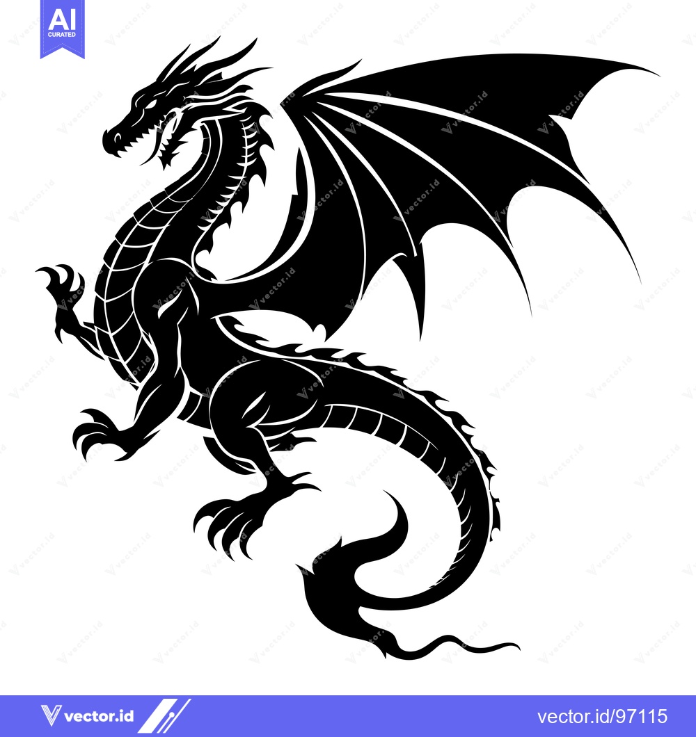 Premium Vector of Black and White Stylized Dragon with Spread Wings
