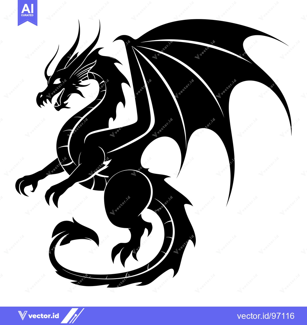 Premium Vector of Black and White Silhouette of a Dragon with Wings Spread