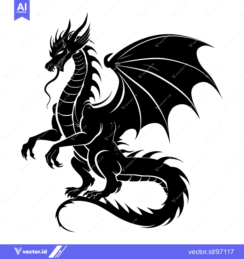 Premium Vector of Black and White Silhouette of a Dragon with Wings Spread