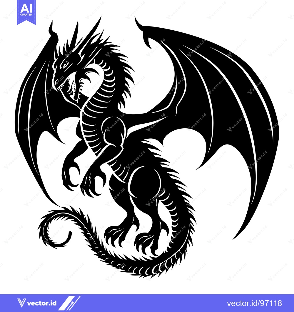 Premium Vector of Black and White Silhouette of a Dragon with Spread Wings