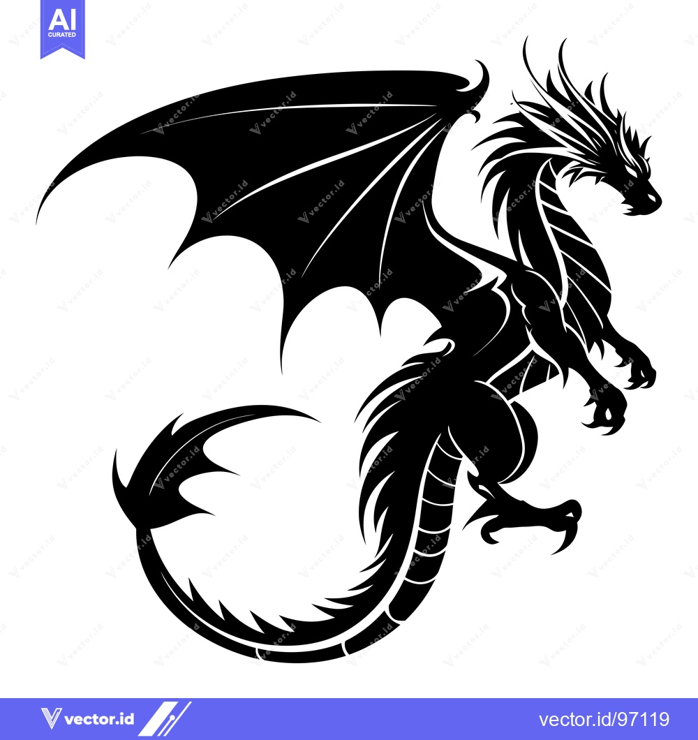 Premium Vector of Black and White Stylized Dragon with Spiked Tail and Wings