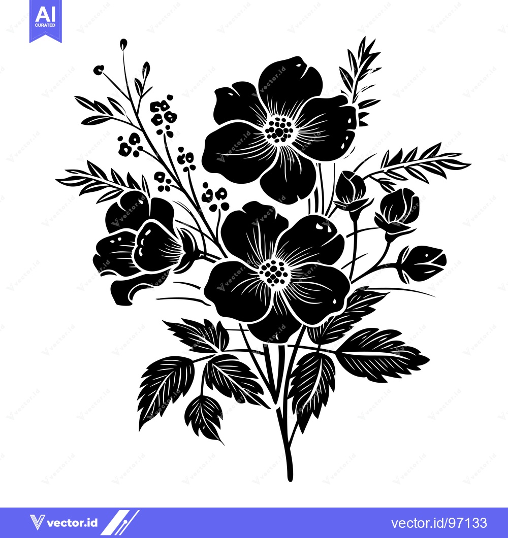 Premium Vector of Black and White Floral Illustration with Three Open Flowers and Small