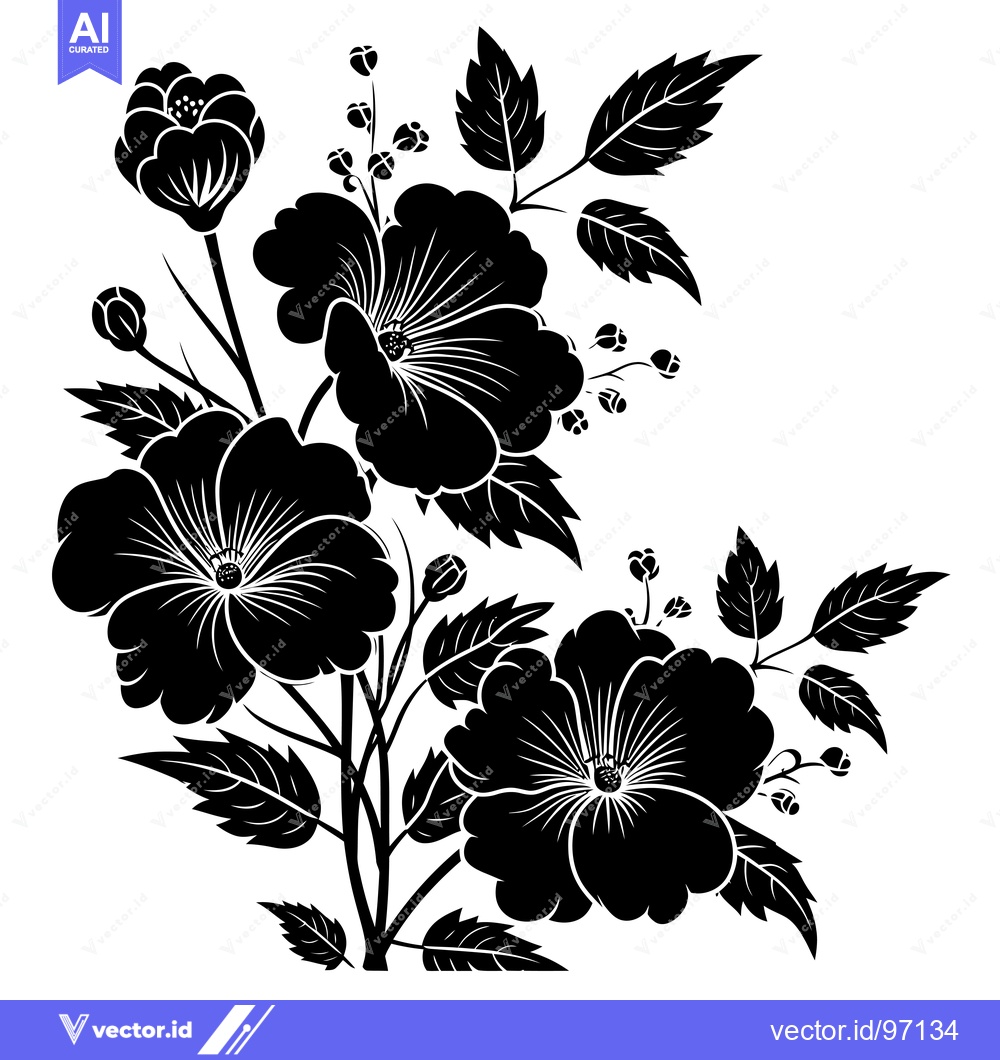 Premium Vector of Black and White Silhouette of a Flower with Leaves