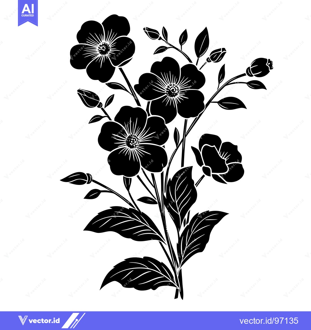 Premium Vector of Black and White Silhouette of Flowers with Stems and Leaves
