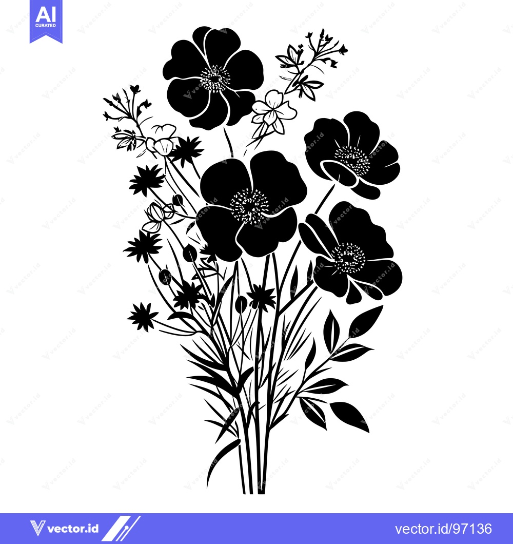 Premium Vector dari A Black and White Silhouette of a Bouquet of Wildflowers
