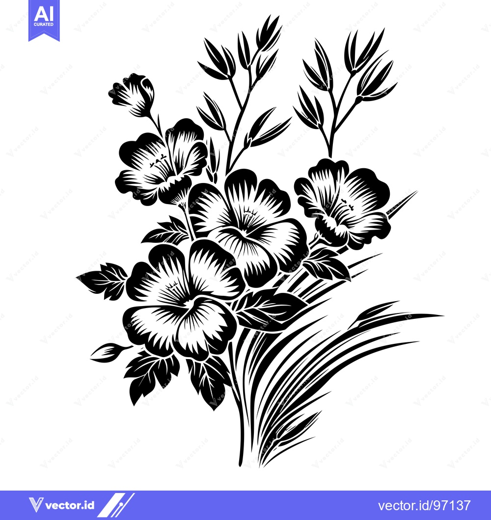 Premium Vector of Black and white stylized floral arrangement with five flowers