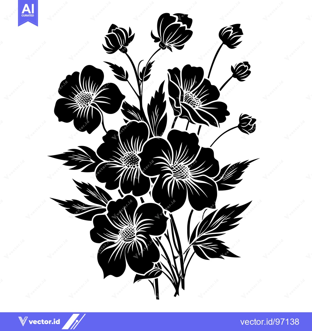 Premium Vector dari Black and White Silhouette of a Bouquet of Flowers
