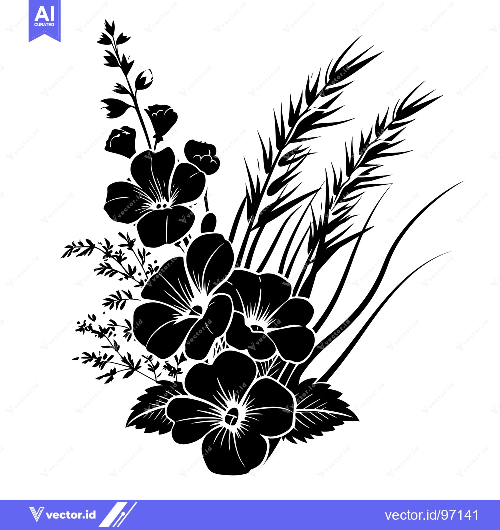 Premium Vector dari Black and White Silhouette of Flowers and Wheat