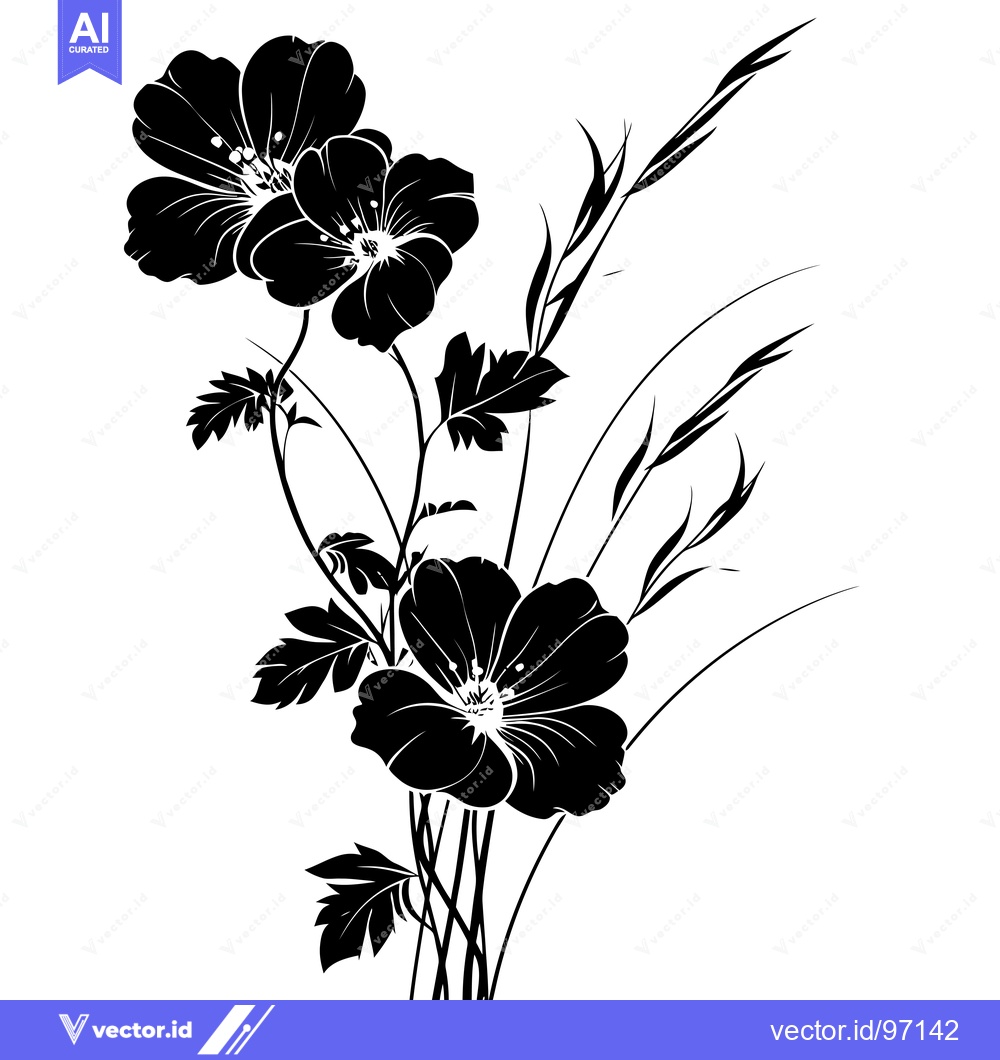 Premium Vector dari Black and White Silhouette of Flowers and Grass