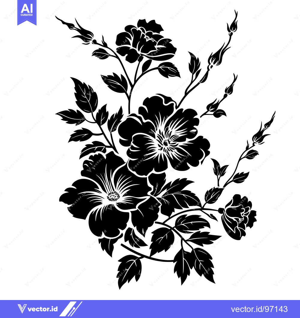 Premium Vector dari Black and White Silhouette of a Rose Bush with Open and Budding Flower