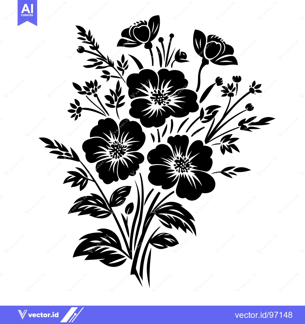Premium Vector dari Black and White Silhouette of Flowers and Leaves