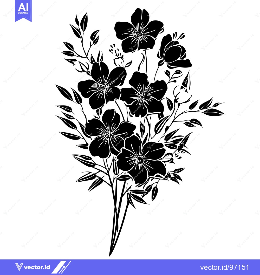 Premium Vector of Black and White Silhouette of a Bouquet of Flowers and Foliage