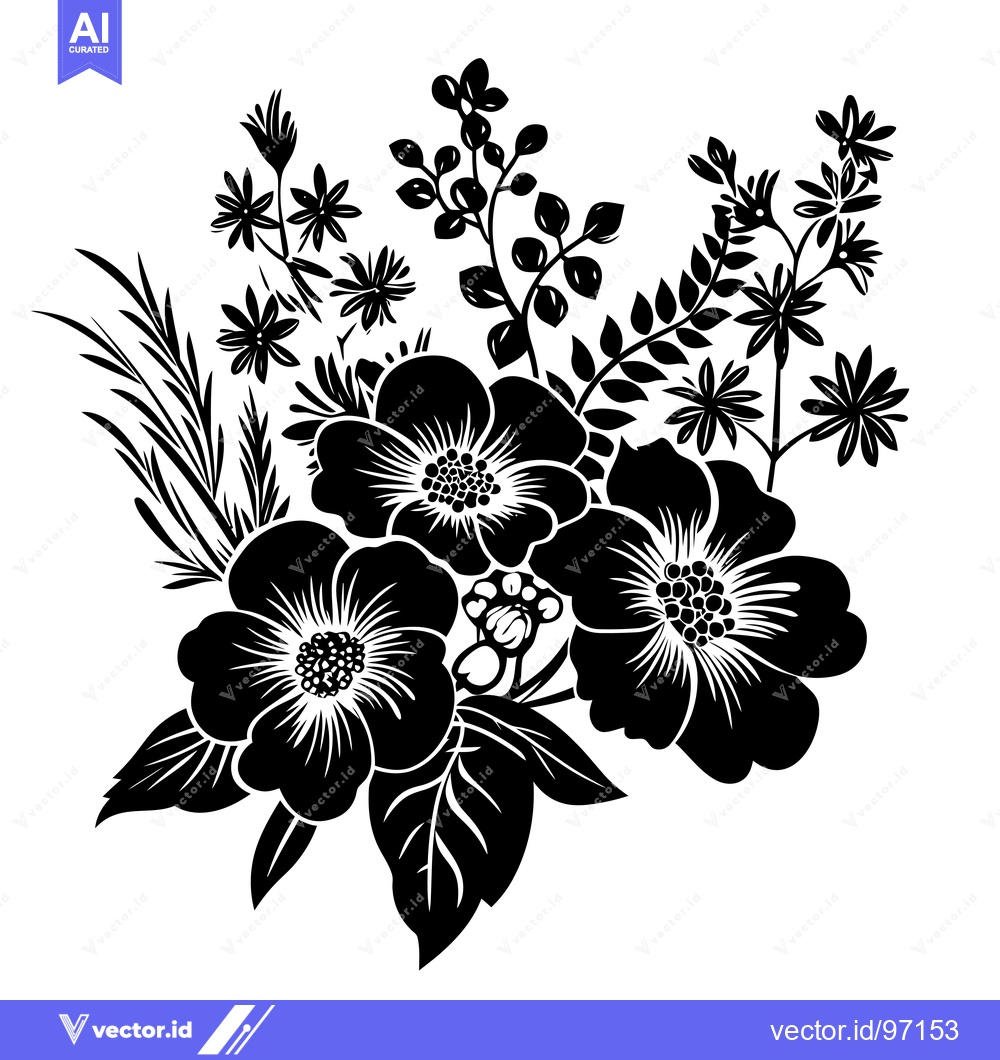 Premium Vector dari Black and White Floral Arrangement with Three Large Flowers and Smalle
