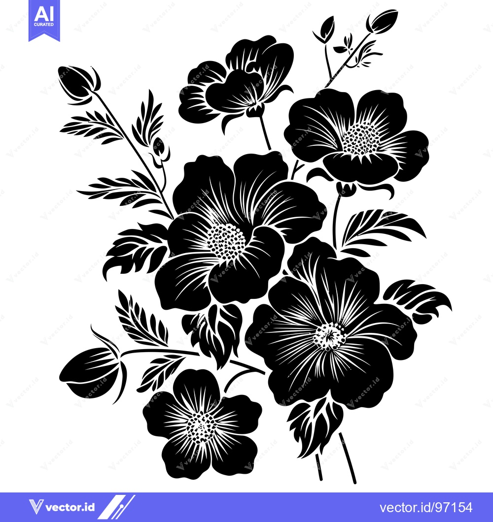 Premium Vector of Black and White Floral Bouquet with Five Blossoms