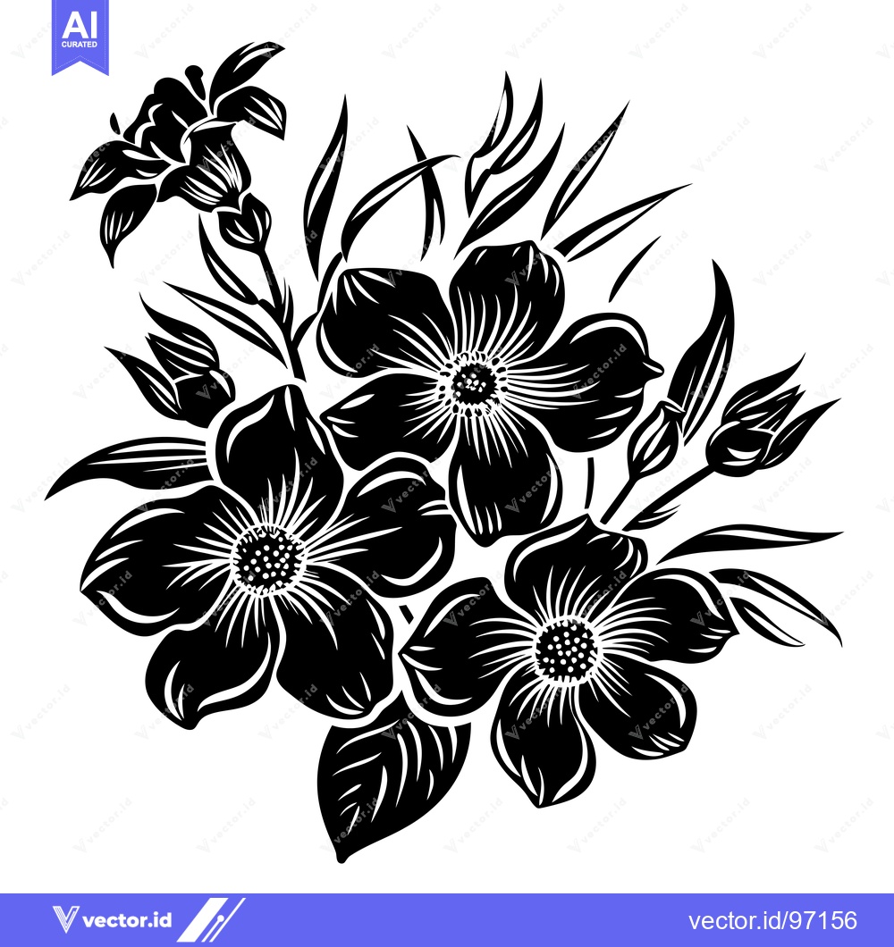 Premium Vector of Black and White Floral Illustration of Blooming Flowers