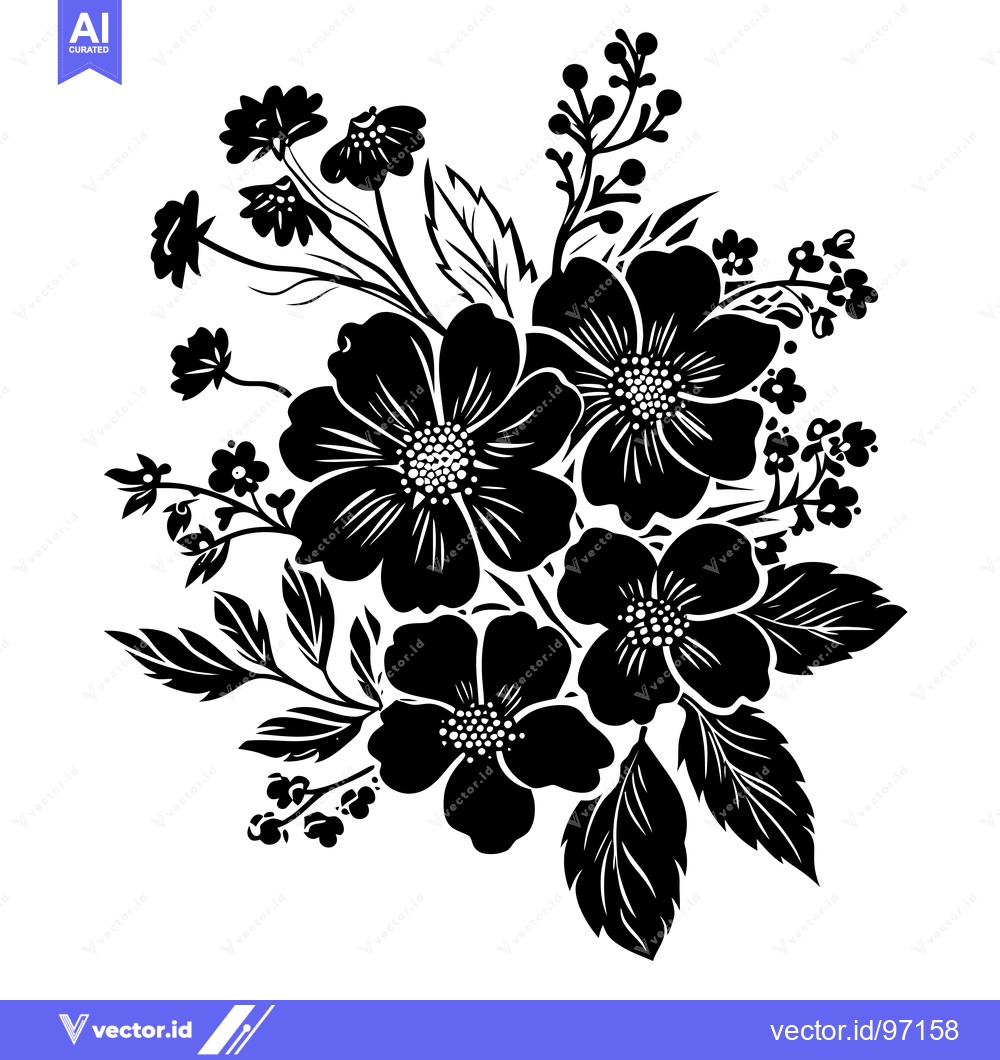 Premium Vector dari Black and White Floral Arrangement with Multiple Flowers and Leaves