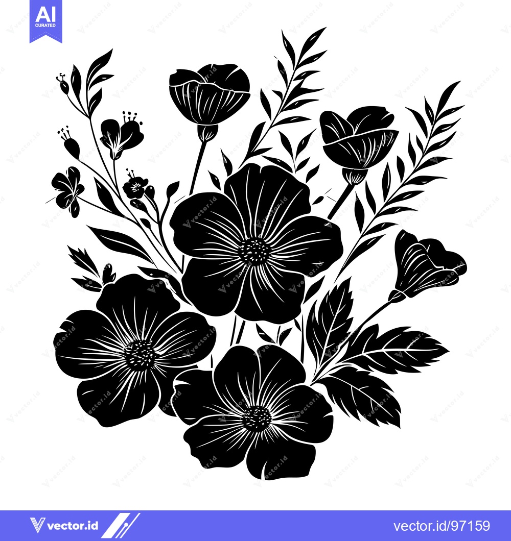 Premium Vector dari Black and White Silhouette of a Bouquet of Flowers