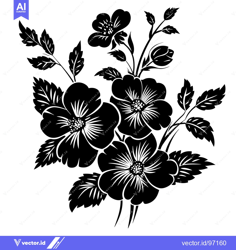 Premium Vector of Black and White Silhouette of a Flower Bouquet with Four Blooms and Le