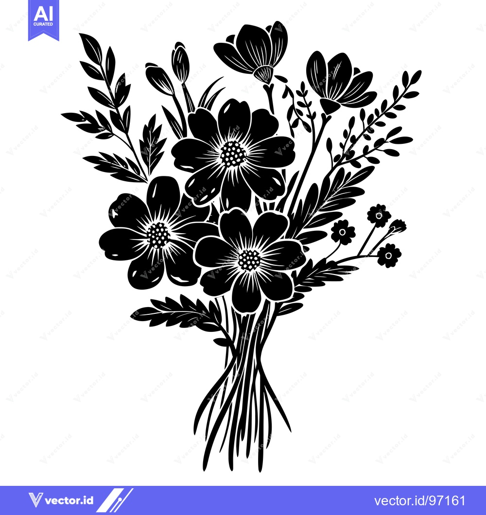 Premium Vector of Black and White Silhouette of a Bouquet of Flowers
