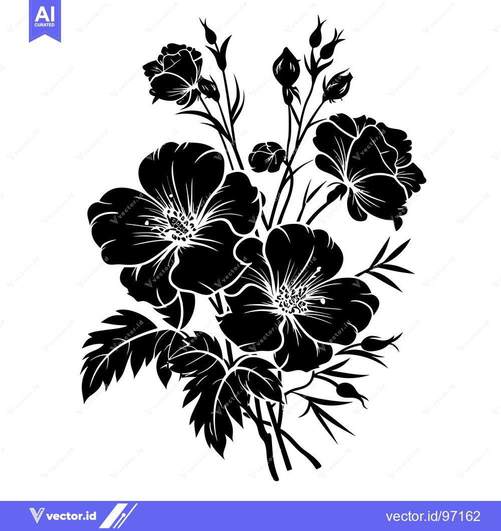 Premium Vector dari Black and White Silhouette of a Rose Bush with Flowers and Buds