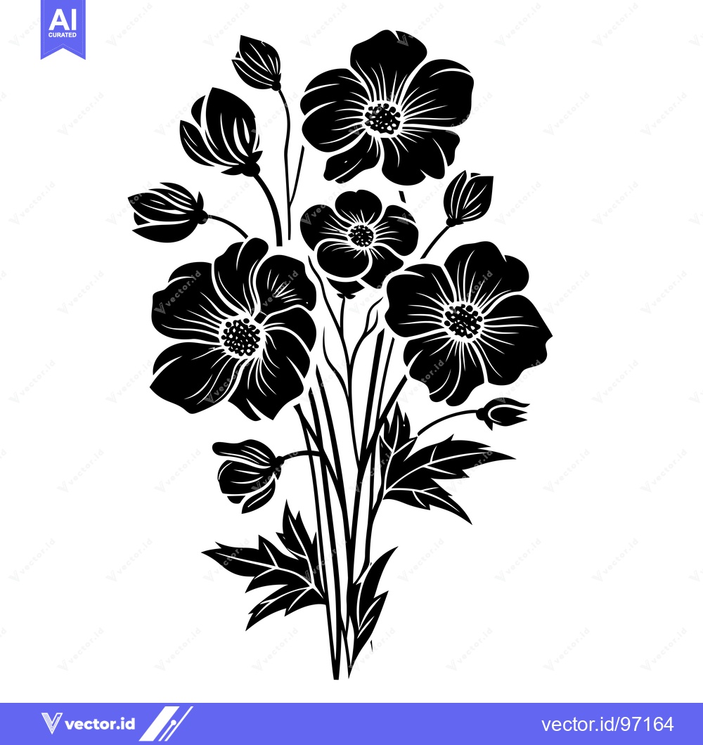 Premium Vector of Black and White Silhouette of a Bouquet of Flowers
